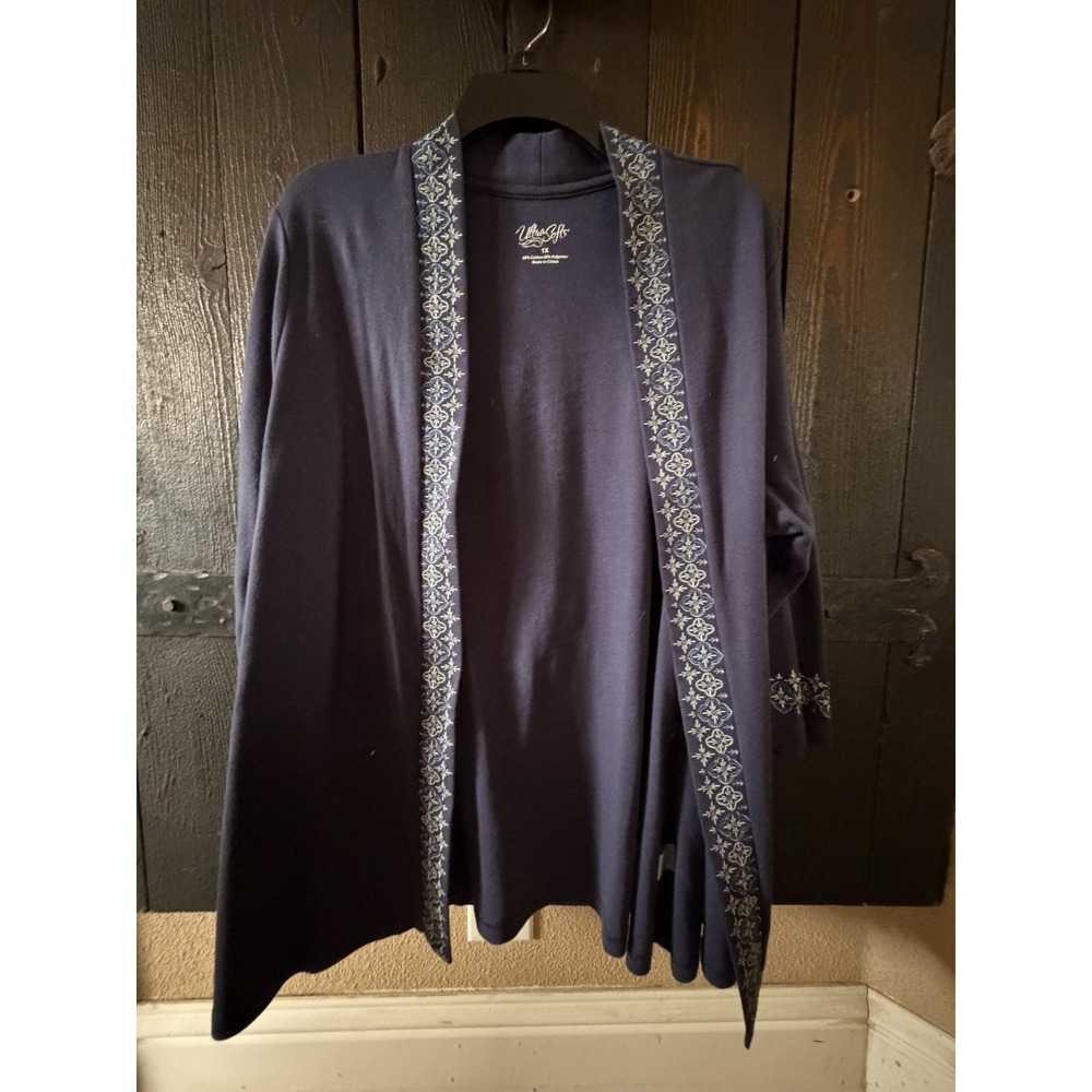 Cardigan Blue Open Front Size 1X 3/4 Sleeve Cotton Blend Ultra Softs Casual 147